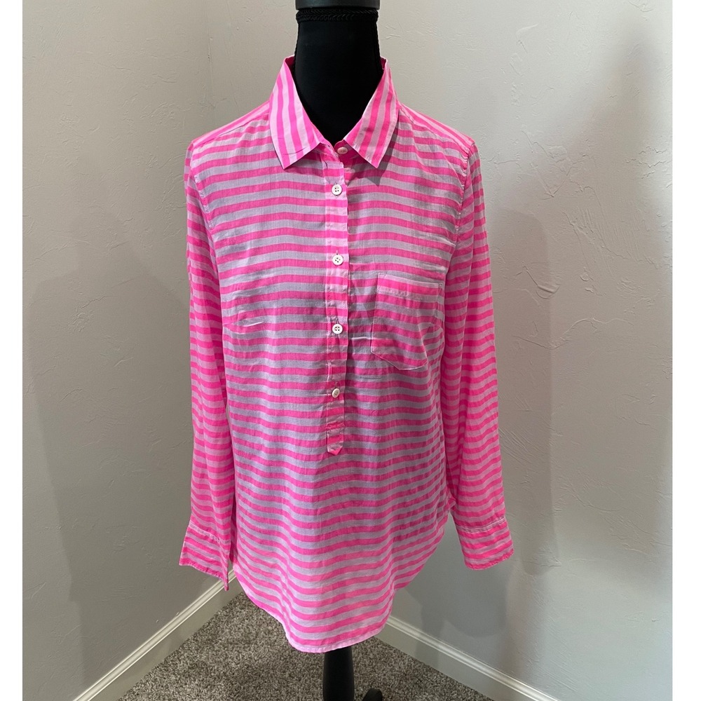 J. Crew Women Neon Pink Lavender Striped Cotton Silk Button Down Shirt Size 2